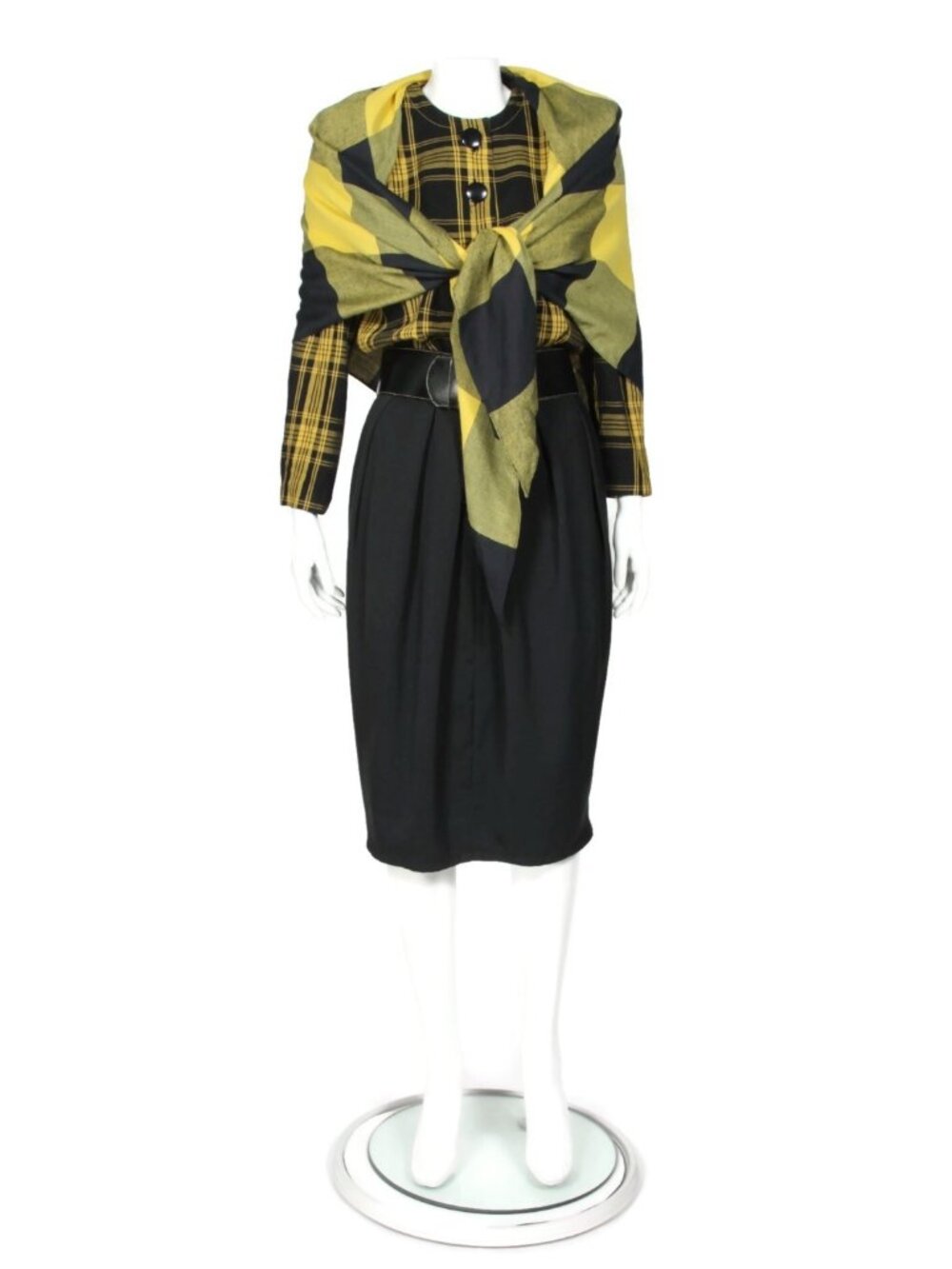 Donna Morgan NON STOP Black Yellow Mixed Plaid Dress attached Scarf sz 5/6 /499